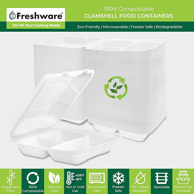 Freshware Clamshell Food Containers with Lids [9x9"] 3-Compartment 200-Pack, Disposable To Go Containers, Biodegradable Sugarcane To Go Boxes - Paper Containers - Microwave & Freezer Safe, Stackable