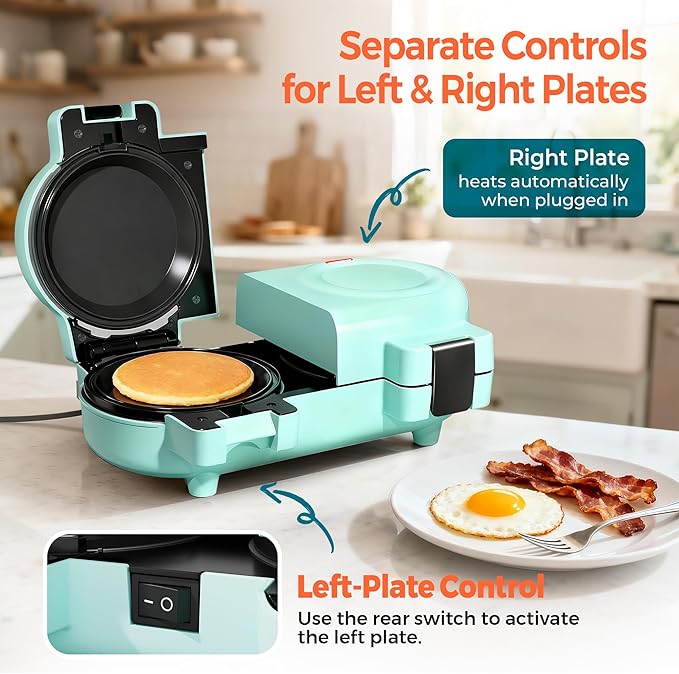 2-in-1 Double Waffle & Pancake Maker - CACHOO Mini 4" Nonstick Waffle Iron & Small Round Griddle with 4 Removable Plate Sets, Dishwasher Safe, Perfect for Small Spaces, Apartments & Dorms, Aqua
