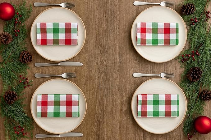 Cloth Napkins Set of 12, 100% Cotton Dinner Napkins 18x18 Inch, Soft Absorbent Gingham Check Napkin for Restaurant, Table Décor, Reusable Washable for Everyday Use - Apple Green/White/Red