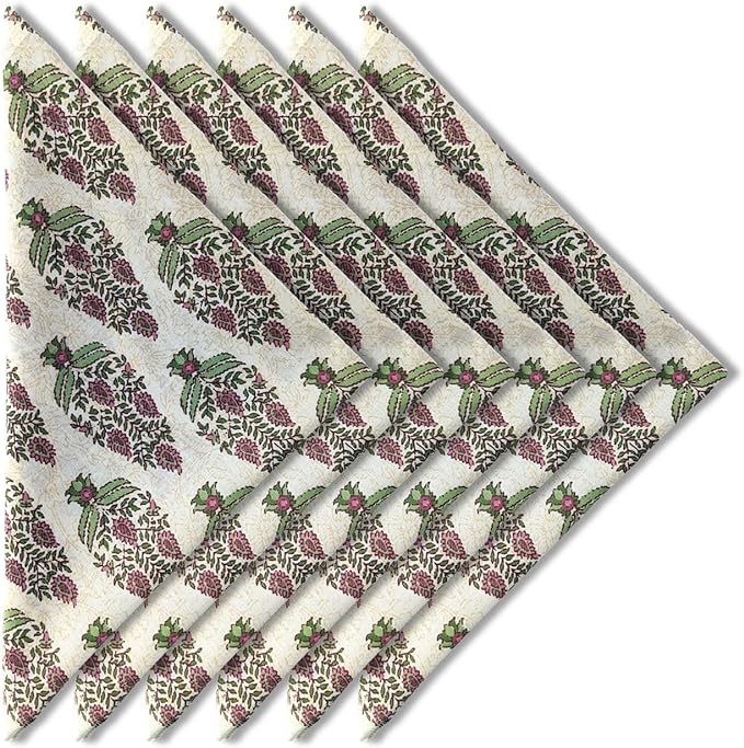 Craftbot Soft Cotton Dinner Napkins 18x18 inches - Washable Thin Cloth Napkins Set of 6 - Everyday Use or Dinner Party and Event - Beige with Green Floral Pattern LIGHTWEIGHT Indian Block Print Fabric