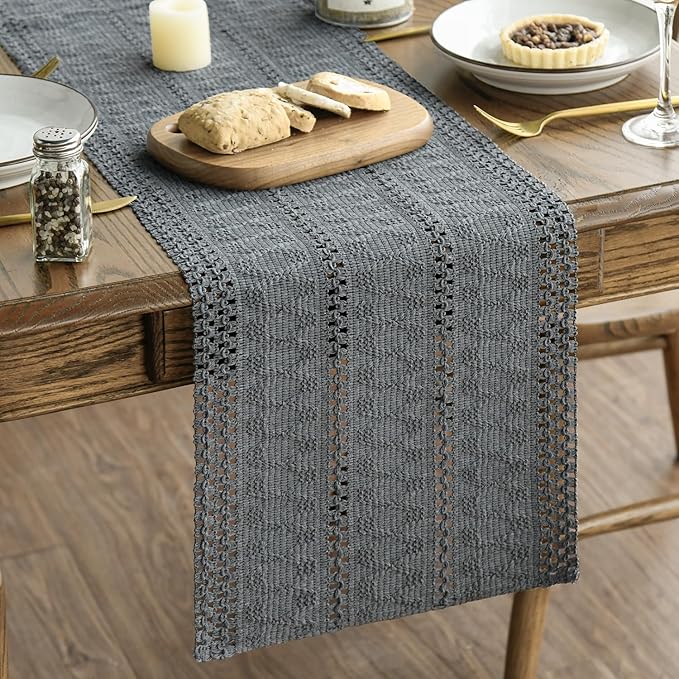 Artoid Mode Dark Grey Farmhouse Woven Rustic Hollow Table Runner, Seasonal Holiday Hollow Kitchen Dining Table Decoration for Home Party Decor 12x60 Inch