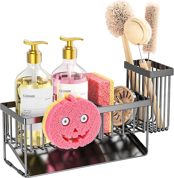 Sponge Holder for Kitchen Sink,Smiley Face Sink Caddy with Removable Brush Holder,Self-Draining Sponge Caddy for Sponge,Soap,Dish Brush,Scrubber,Kitchen Essentials and Gadgets