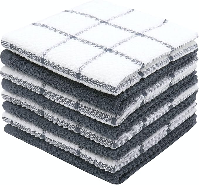 Cotton Dish Towels for Kitchen, Terry Dish Cloths for Washing Dishes, 12 x 12 Inches, Light and Soft, Quick Drying Dish Rags for Cleaning, 8pc/Set (Grey Multi)