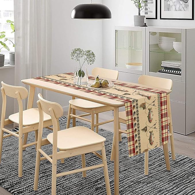Fishing Table Runner Retro Hunting Cabin Southwestern Check Red Art Printed Runner for Home Kitchen Dining Table Living Room Decor Fabric 1 Panel W13xL36in