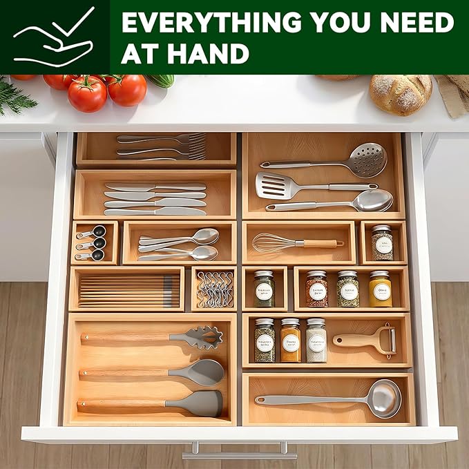 Bamboo Drawer Organizer 7 Pcs for Kitchen Multi-purpose Storage Dividers for Kitchen, Office, Jewelry, Cosmetics, Wooden Drawer Dividers for Drawer Organizer Desk Organizer Gift for Women Gifts Idea