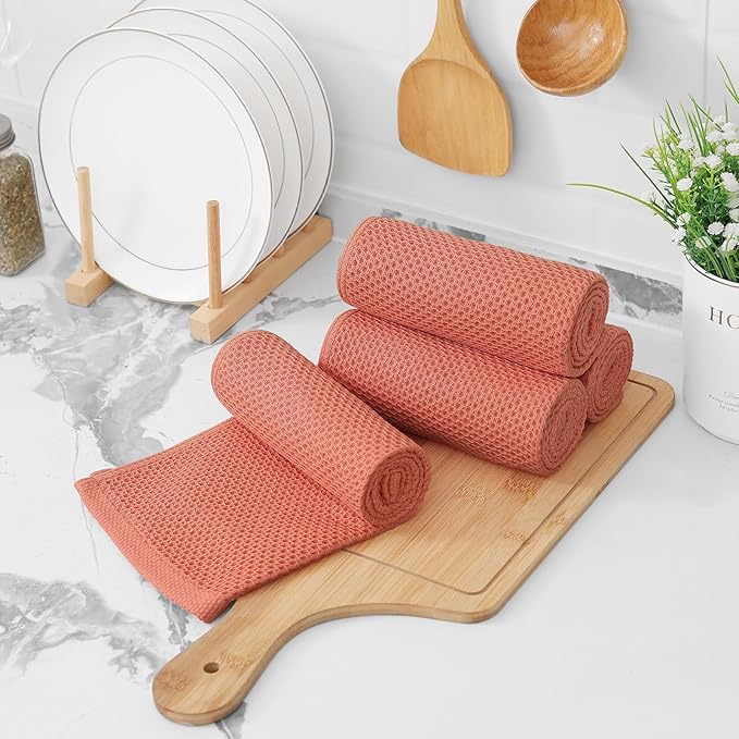 Kitinjoy 100% Cotton Waffle Weave Kitchen Hand Towels (13 X 28 Inches, Coral), 4-Pack Super Soft and Absorbent Dish Towel for Drying Dishes
