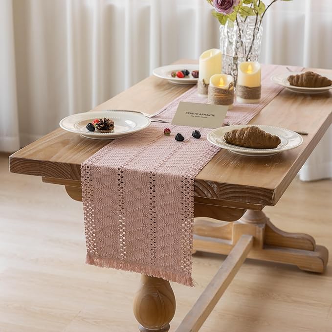 Keketoarrange Boho Pink Table Runner for Spring Decorations 12x108 Inches Farmhouse Macrame Woven Burlap Jute Rustic Coffee Table Runner Dresser Scarf Dining Kitchen Centerpiece Bohemian Decor