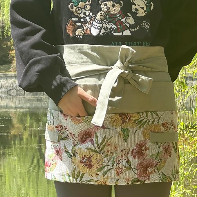 Garden Apron for Woman, Serve Apron Cute, Flora Half Apron with 8 Pockets, Valentines Gift for Mom Wife Girlfriend