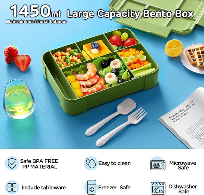 Jelife Bento Box Kids Lunch Box - 1450ml Large Leakproof 6 Compartments Kids Lunchbox Toddler Bento Box with Utensils for School, Book-Style Reusable Lunch Snack Containers for Daycare