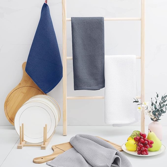 Homaxy 100% Cotton Waffle Weave Kitchen Towels, 3-Pack Ultra Soft Absorbent Dish Towels, Quick Drying Cleaning Towels, 13 x 28 Inches, Light Gray