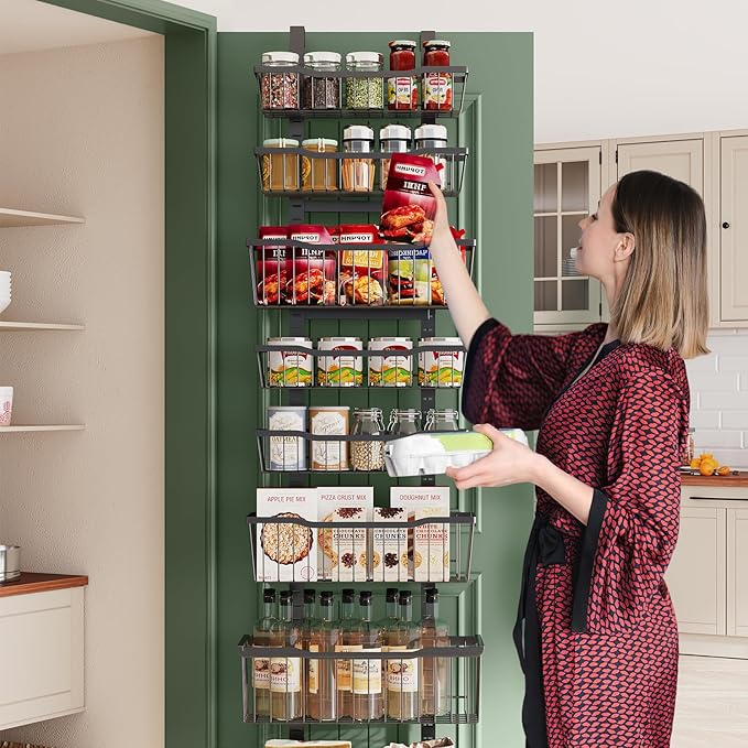 Eastherry Over The Door Organizer，8-Tier Over The Door Pantry Organizer with Adjustable Baskets，Metal Hanging Pantry Organizers and Storage for Kitchen, Back of Door Seasoning Rack (Black)