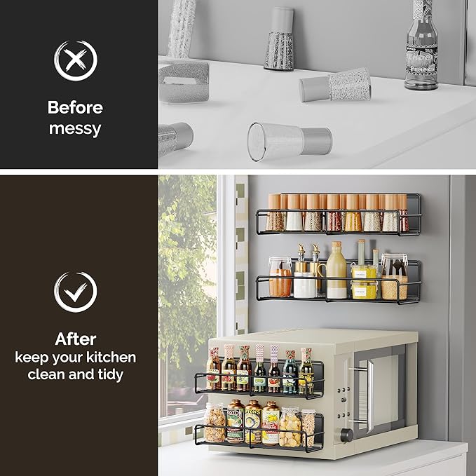 Mystozer 3 Pack Magnetic Spice Rack Organizer,Space Saver for Refrigerator and Whiteboard, Metal Fridge Shelf for Kitchen,Laundry Room,Barbecue Grill,Coffee Maker,Microwave Home Organization(Black)