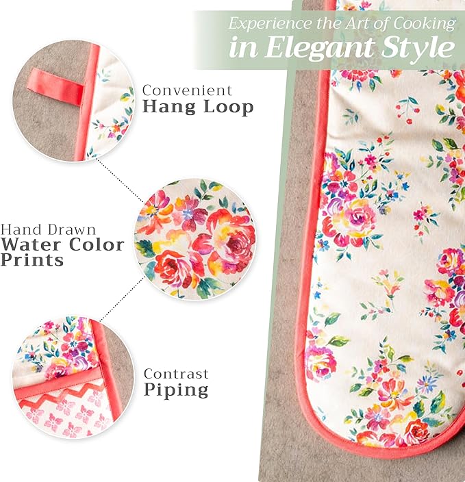 Maison d' Hermine Double Oven Mitts 100% Cotton 7"x35" Double Oven Mitt Heat Resistant BBQ Cooking Gloves with Loop Baking Grilling Gifts for Mothers Day Spring Summer (Rose Garden)