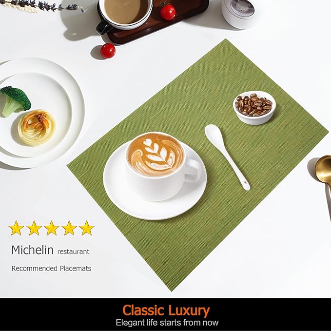 Placemats Set of 12 Washable&Wipeable Place mats for Dining Table Kitchen Indoor Outdoor Table Mats Heat Resistant Non Slip Woven Vinyl Table Placemats (Green，12PCS)