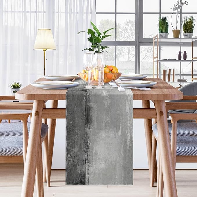 Emvency Farmhouse Table Runner, Grey and White Abstract Art Painting for Kitchen Coffee Table Family Dinners Holiday Parties Wedding Events Decor(13x72 inch)