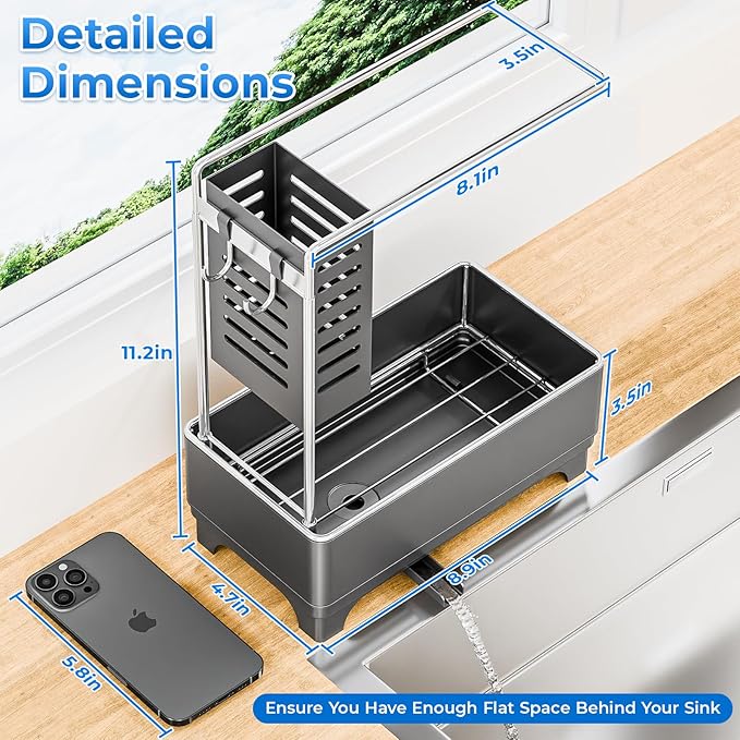 Kitchen Sink Caddy with Stainless Steel Towel Holder, Handy Sponge Holder for Kitchen Sink with Extending Drain Spout, No-Tool Assembly Space Saver for sink Countertop Accessories(Gray)