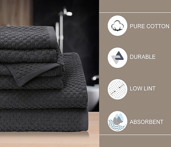 COTTON CRAFT Waffle 6 Piece Towel Set - 100% Cotton - 2 Oversized Luxury Euro Spa Waffle Weave Large Bath Towels, 2 Hand Towels, 2 Washcloth - Absorbent Quick Dry Hotel Bathroom Shower Pool - Charcoal