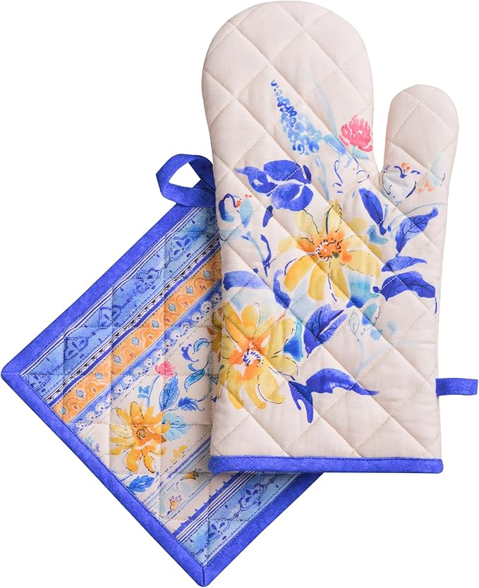 Maison d' Hermine 100% Cotton Oven Mitt & Pot Holder Set (7.5"x13" & 8"x8") Heat Resistant BBQ Cooking Gloves with Loop Baking Grilling Kitchen Gifts for Mothers Day Spring/Summer (Girassol)
