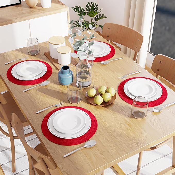 Encasa XO Dining Placemats Set of 4 | Cotton Round Table Mat - 13 in Diameter | Red | Handmade Rib Style Chargers for Dinner Plates