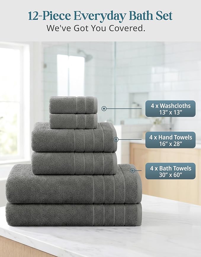 CASA PLATINO Premium Cotton Turkish Towel Set for Bathroom - 12 Pc - Super Soft, Quick Dry & Highly Absorbent - 4 Bath, 4 Wash Cloth, 4 Hand Towels - Hotel Quality, Durable & Easy Care - Ultimate Grey