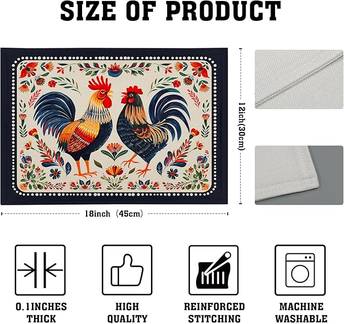 Vintage Rooster Placemats Set Farmhouse Chicken Linen Table Mat Washable Place Mats for Dining Kitchen Party Decor