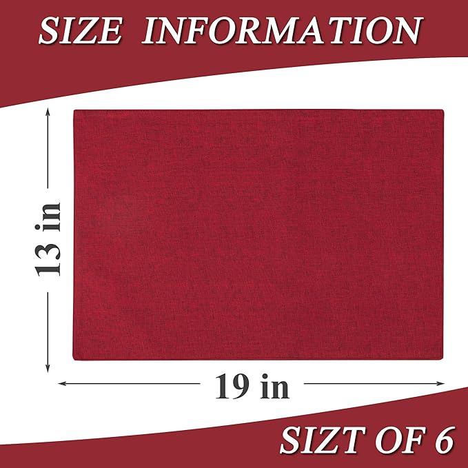 Linen Cloth Double Layers Placemats, Cotton Woven Placemats Set of 6, Kitchen Table Farmhouse Decor Heat Resistant Table Mats, Outdoor Indoor Square Fabric Place Mats Can be Washable (Burgundy)
