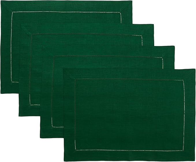 D'Moksha Homes Linen Placemats Set of 4 - Classic Hemstitch Forest Green Placemats 14 x 19 Inch - 100% Pure Linen Table Mats for Mothers Day - Handcrafted and Machine Washable