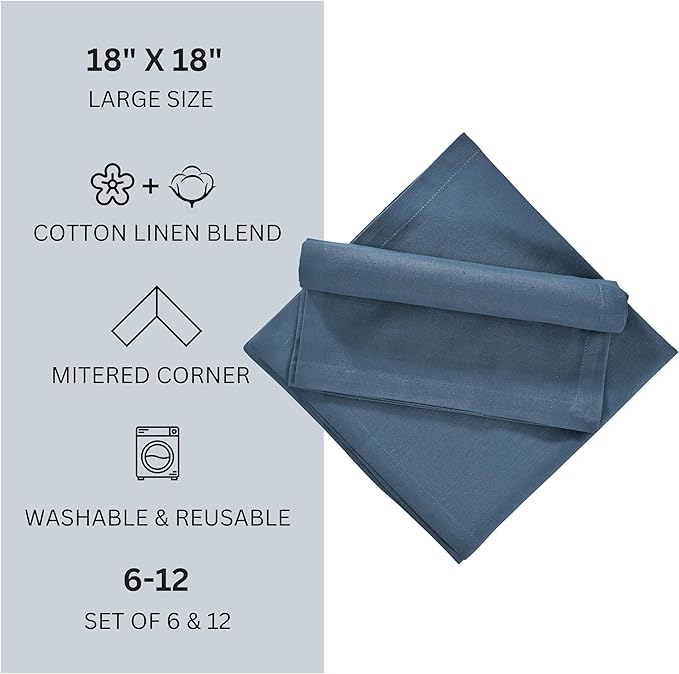 FINGERCRAFT Dinner Cloth Napkins, Cotton Linen Blend Mitered Corner Napkins Cloth 12 Pack Natural Premium Quality for Every Day Use, Parties, Easter, Thanksgiving, Weddings, 18x18 inch Stellar Blue