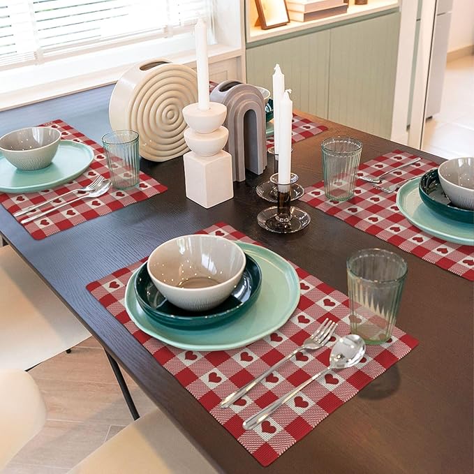 Valentines Placemats Set of 4 Red Pink Love Heart Buffalo Plaid Decor Place Mats 12x18 Inch Gingham Anniversary Wedding Holiday Linen Table Mats for Home Kitchen Dining Party Table Decoration