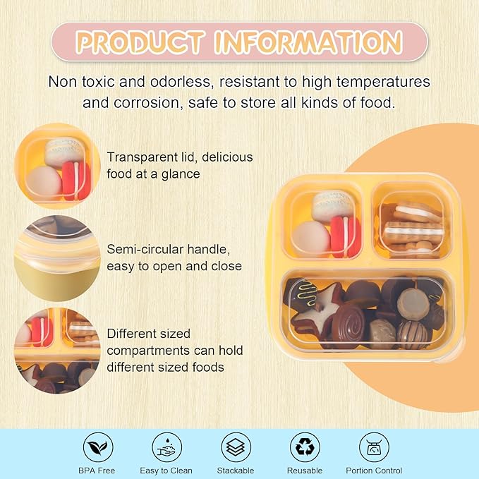 Honeydak 5 Pack Snack Containers 3 Compartment Bento Snack Boxes Divided Meal Prep Containers with Lids Reusable Adults Lunch Food Storage Box for School Work Travel(Vibrant Color)