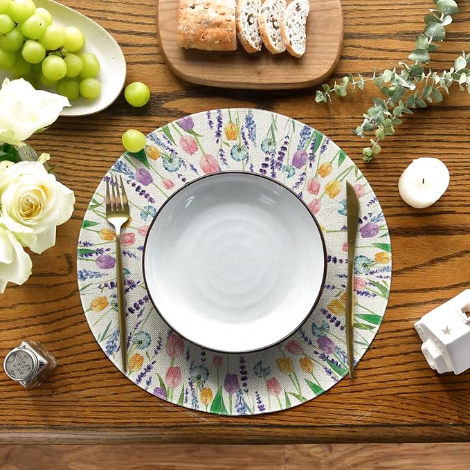 Artoid Mode Lavender Tulip Spring Round Placemats Set of 4, 14 Inch Seasonal Summer Rustic Vintage Table Mats for Party Kitchen Dining Decoration