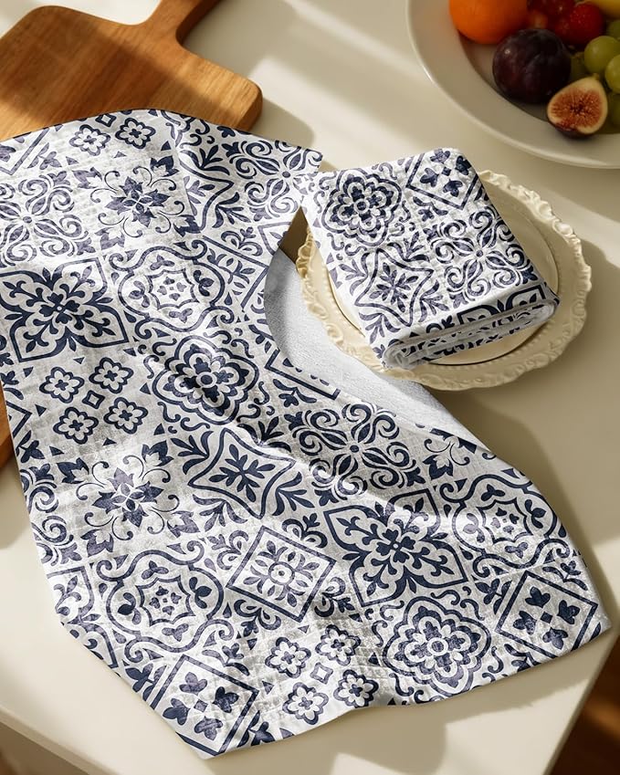 Miss Adola Cotton Waffle Kitchen Towels – Cute 370 GSM 16x25 Inch Terry Cloth Waffle Decorative Dishcloth for Kitchen Set of 2 with Hanging Loop Absorbent Hand Tea Towel for Home Design, Block Print