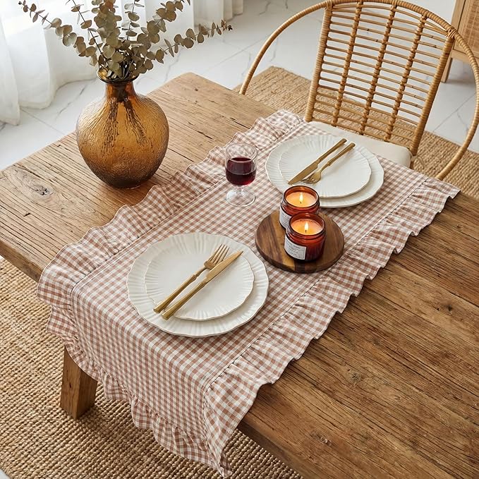 HunnmingRe 1 Pcs Brown Plaid Gingham Ruffle Table Runner 118 x 13.8'' Farmhouse Table Runner 100% Cotton Scalloped Long Dresser Scarves for Dining Room, Wedding, Kitchen Rustic Home Decor