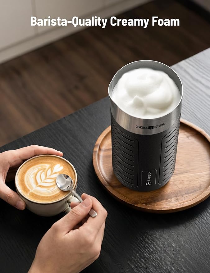Stainless Steel Milk Frother, Waterproof & Fully Dishwasher Safe, 4 Modes for Hot/Cold Foam, Latte, Cappuccino, One-Touch Operation, Ergonomic Grip, Compact Coffee Maker