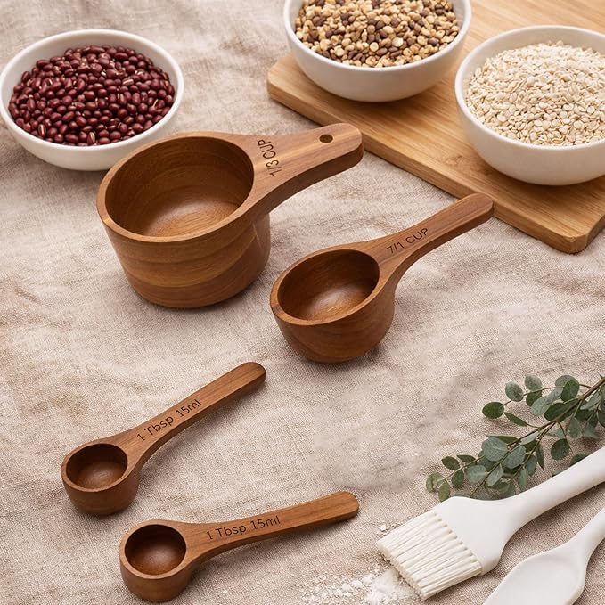 Wooden Measuring Cups and Spoons Set - Eco-Friendly Solid Acacia Wood, Laser Engraved Measurements, Perfect for Baking & Cooking - Ideal for Bakers (4-Pc Small Acacia Measuring Cups)