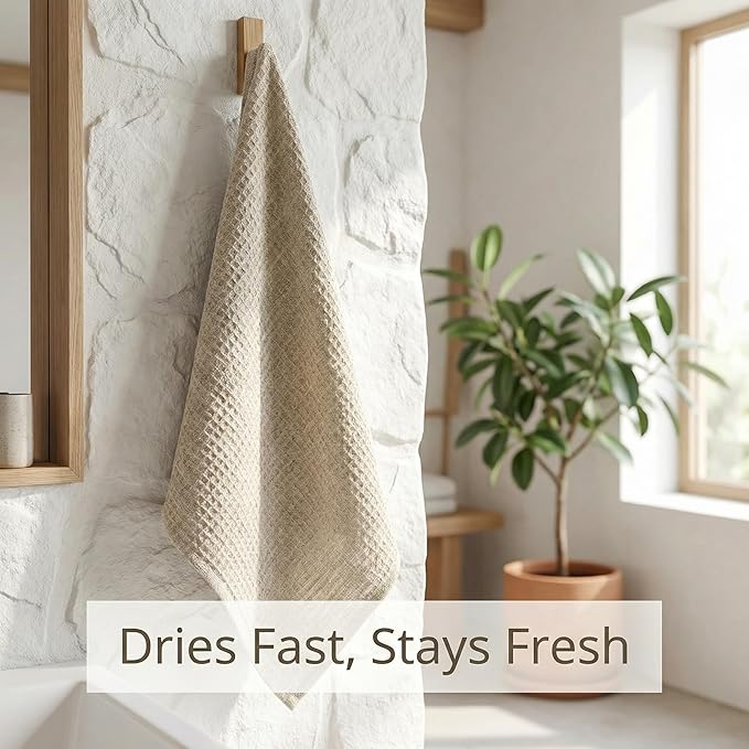 100% European Linen Hand Towels for Kitchen & Bath - Set of 2 - Waffle Weave, Highly Absorbent & Quick-Dry - 14 x 28 in - Stone Washed Flax