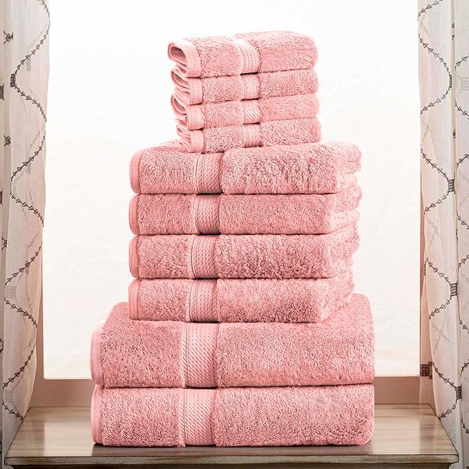 Superior Egyptian Cotton Pile 10 Piece Towel Set, Includes 2 Bath, 4 Hand, 4 Face Towels/ Washcloths, Ultra Soft Luxury Towels, Thick Plush Essentials, Guest Bath, Spa, Hotel Bathroom, Tea Rose