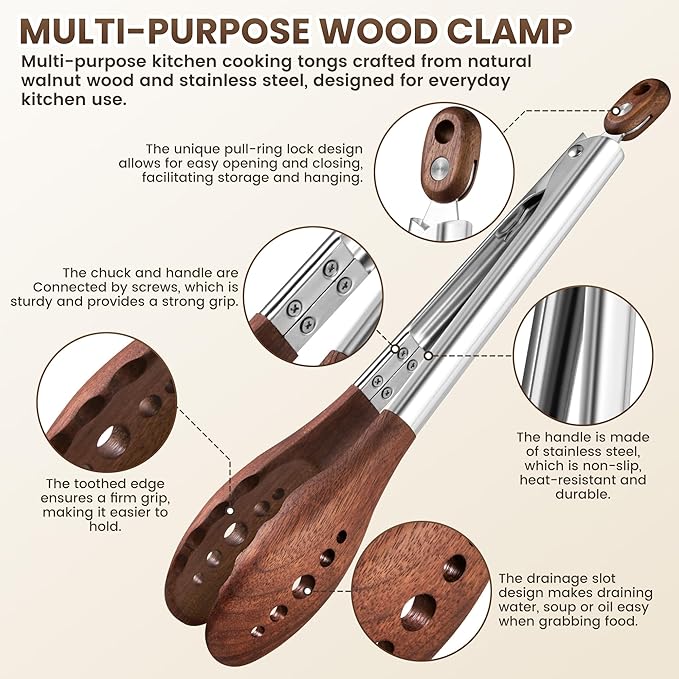 9-Inch Wooden Tongs for Cooking - Heat Resistant Natural Walnut Wood Kitchen Tongs, Stainless Steel Salad Tong with Walnut Wood Tips for Serving Food, Cooking, Tossing Salad, Grilling, BBQ (9 Inch)