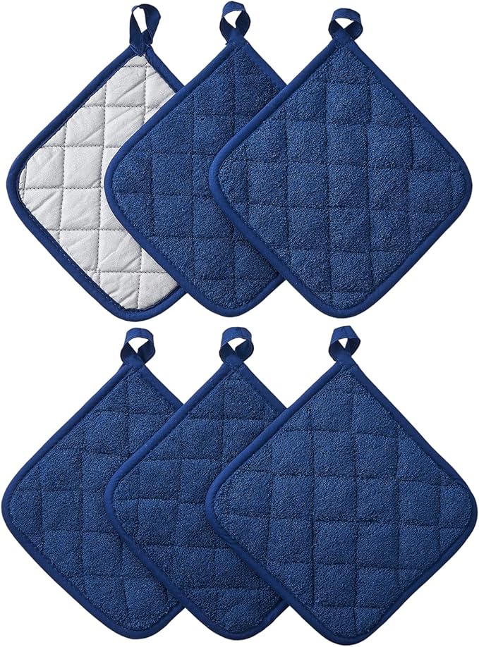 Kitchen Pot Holders Set Heat Resistant Pure Cotton Potholders Kit Trivets Large Coasters Hot Pads Terry Pot Holders for Everyday Cooking and Baking by 7 x 7 Inch Set of 6 Dark Blue