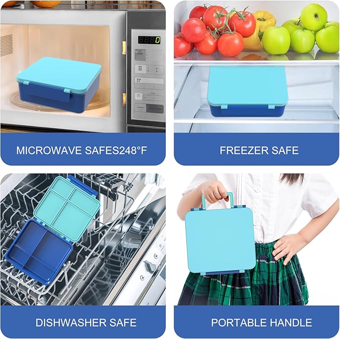 Pawtong Bento Lunch Box with 8oz Soup Thermo, Kids Leakproof Lunch Food Containers with 4 Compartment, Kids Thermo Insulated Hot Food Jar for School, Trvael（Blue