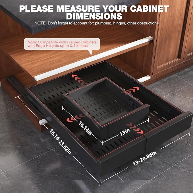Seinloes 2 Pack Pull Out Cabinet Organizer Expandable Width(13"-21") and Depth(17"-24"),Slide Out Drawers with Raising Pad for Framed Cabinets,No Drill Roll Out Shelves for Kitchen,Bathroom,Black