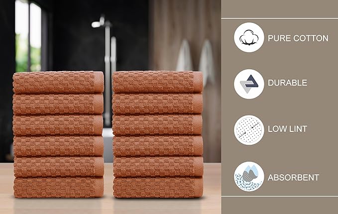 COTTON CRAFT Waffle Weave Wash Cloth - 12 Pack Luxurious Pure Ringspun Cotton Euro Spa Bathroom Face Towel - Absorbent Quick Dry Gym Shower Bath Kitchen Travel - 12x12 inches - Mocha