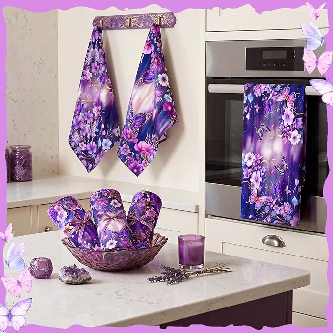 Breling Set of 6 Purple Butterfly Kitchen Towels Floral Butterfly Dish Towel Bathroom Decorative Purple Cloths for Kitchen Bathroom Home Cooking Housewarming Gifts, 14 x 21 Inch