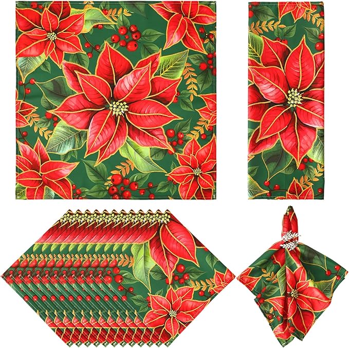 Qeeenar 12 Pcs Christmas Poinsettia Cloth Napkin 20 x 20 Inch Poinsettia Cloth Napkins Washable Dinner Guest Napkins for Christmas Holiday Xmas Thanksgiving Dinner Party Supplies, Set of 12
