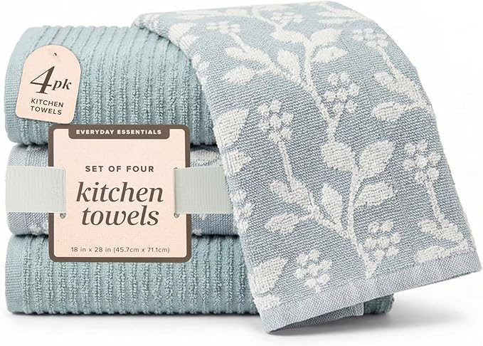 MosJos Kitchen Towels, Cotton Hand Towels, Blue and White Floral Vine Ribbed Hand Drying Cloth Set of 4 Absorbent Hand Towels, 18 x 28 Kitchen Linens