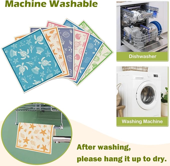 6 Packs Swedish Paper Cloths for Kitchen, Reusable Paper Towels Washable Dish Rags, Highly Absorbent Kitchen Towels Quick Drying Swedish Sponge Cleaning Dish Cloths (Ocean Series)