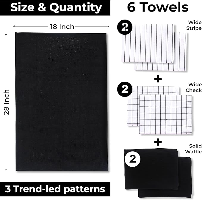 Cotton Dish Towels For Kitchen Drying - Highly Absorbent Wide Black Striped Plaid Tea Towels - 18"X28" Set Of 6 Farmhouse Linen Dishtowels In Bulk - Pano De Prato Para Cozinha - T Towles Towls