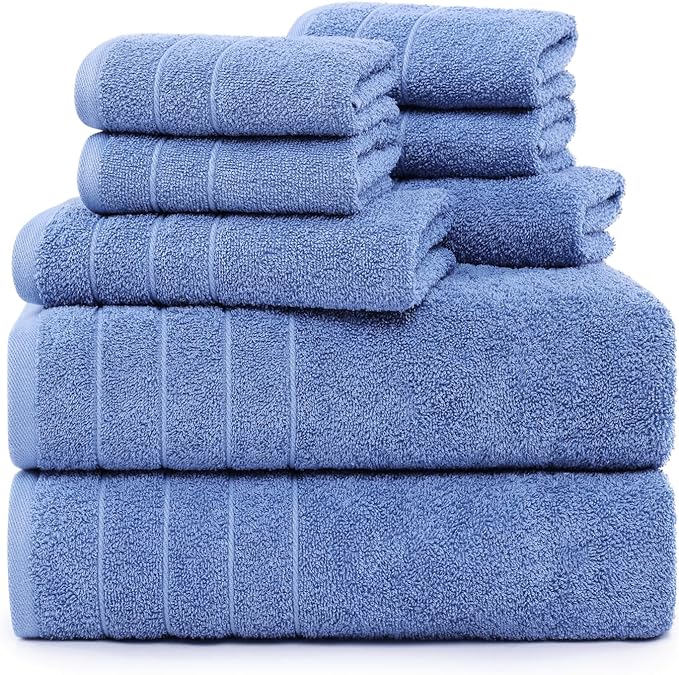 Casa Platino Cotton Bath Towel 8 Piece Set - Super Soft, Quick Dry & Absorbent - 2 Bath, 4 Washcloths, 2 Hand Towels for Bathroom - Durable & Minimal Lint After 3 Washes - Cerulean Blue