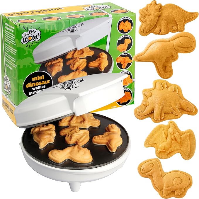 Dinosaur Mini Waffle Maker- 5 Different Double Sided 3D Shaped Dinos in Minutes- Kids Adults Breakfast Fun w/Cool Novelty Pancakes, Electric Baker, Non-Stick Waffler Iron w Recipe Guide, Gift for Him