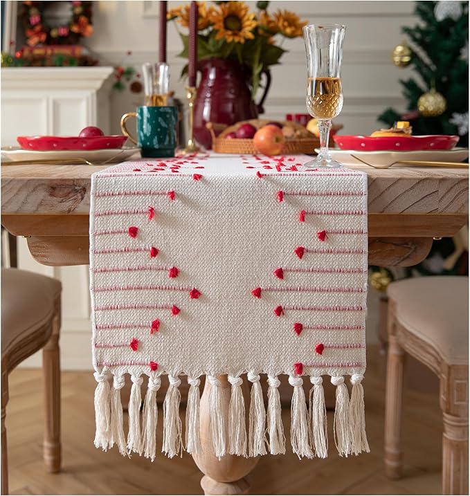 Christmas Table Runner 13 x 90 Inch Long Natural Cotton Woven Runner with Tassels for Home Dining Christmas Decorations, for Modern Farmhouse Holiday Boho Table Runner, Red and Beige